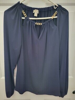Michael Kors Navy Blue Long Sleeve Blouse with Gold Chain Detail
